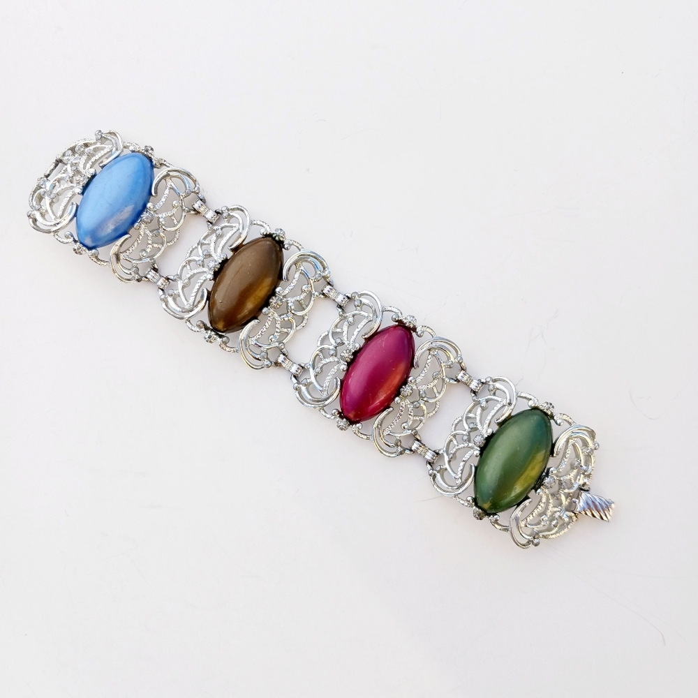 Vintage Link Bracelet 60s Filigree Silvertone Cabochon Bold Chunky Signed
